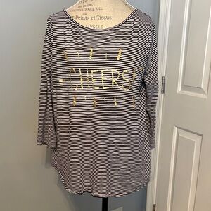 LOFT Black and White Striped Long Sleeve Tee with “Cheers” in Gold
